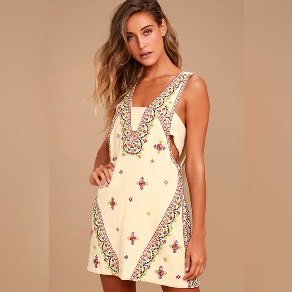 Free People Never Been Beige Embroidered Mini Dress - Picture 1 of 5